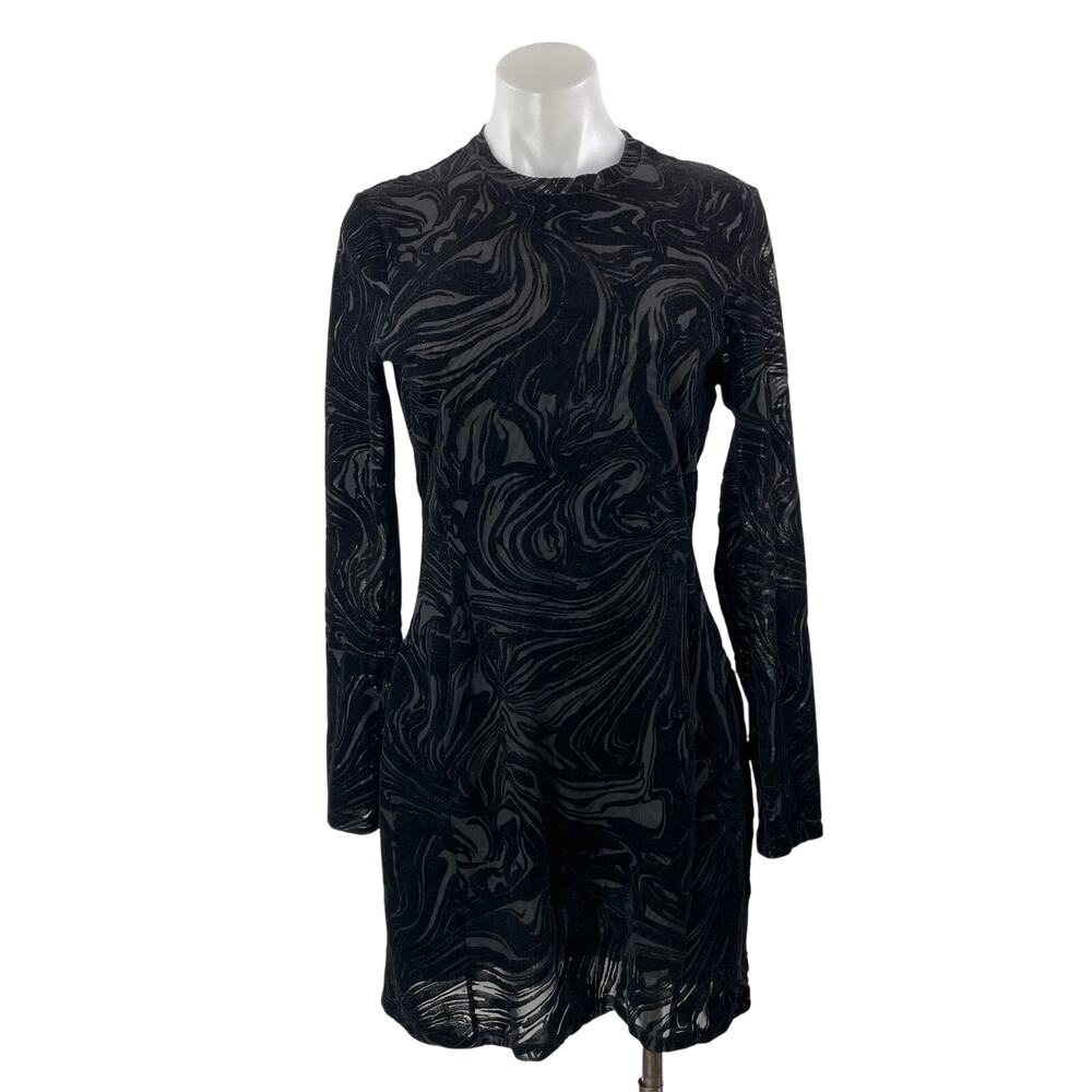& Other Stories Black Long Sleeve Marble Crew Neck A Line Mini Dress Size 2